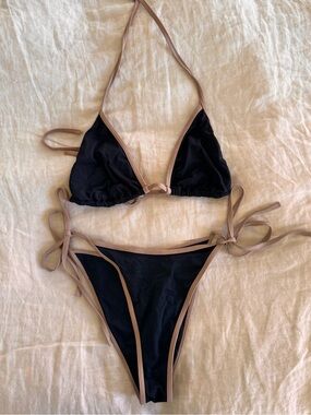 l*space Black Bikini with Taupe Trim - Triangle Top & Tie Sides